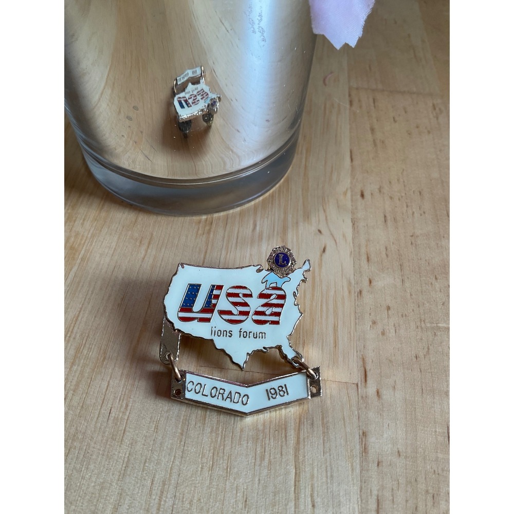 Vintage Lions Club Colorado 1981 Lions Forum USA Map Enamel Dangle Pin Fraternal